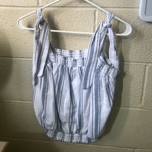 White and blue striped ruffle top w tie straps